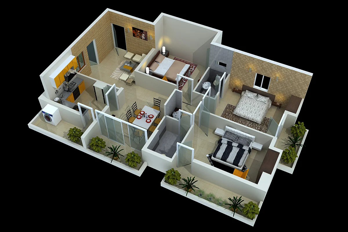 A 3D cutaway of a furnished two-bedroom flat with kitchen, dining, balconies and bathrooms