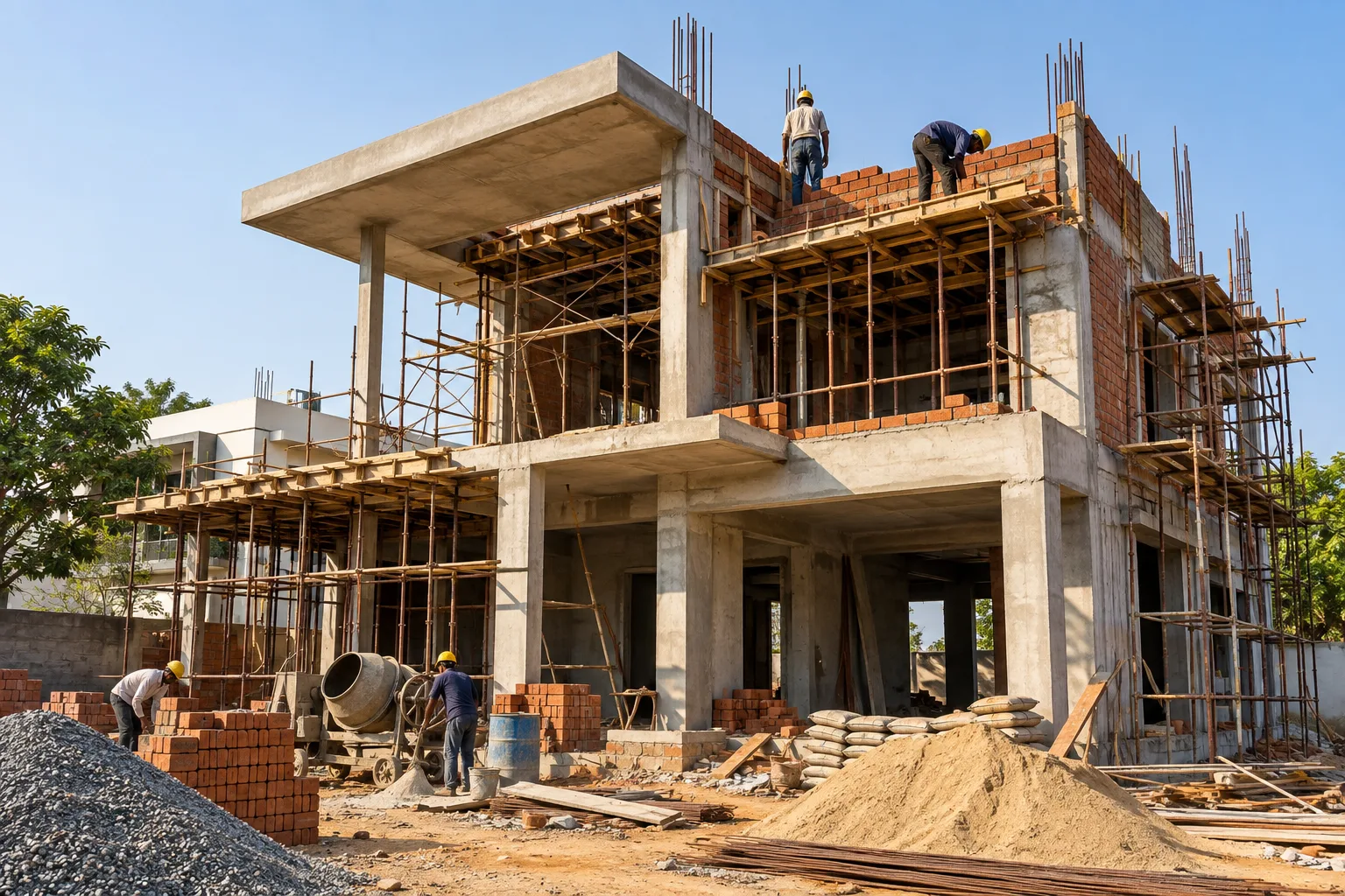 A three storey house under construction, bamboo scaffolding against the plastered frame and brick boundary wall