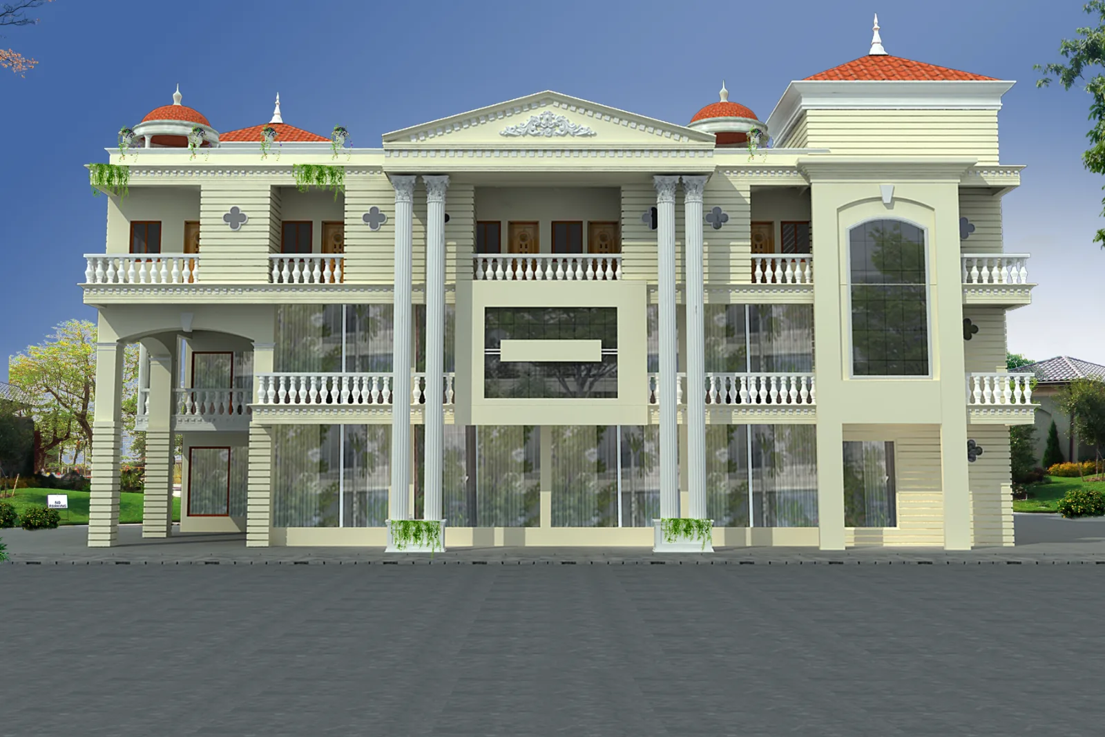 Fly Fort Restaurant, a three storey classical front with tall white columns, balustraded balconies and terracotta domes