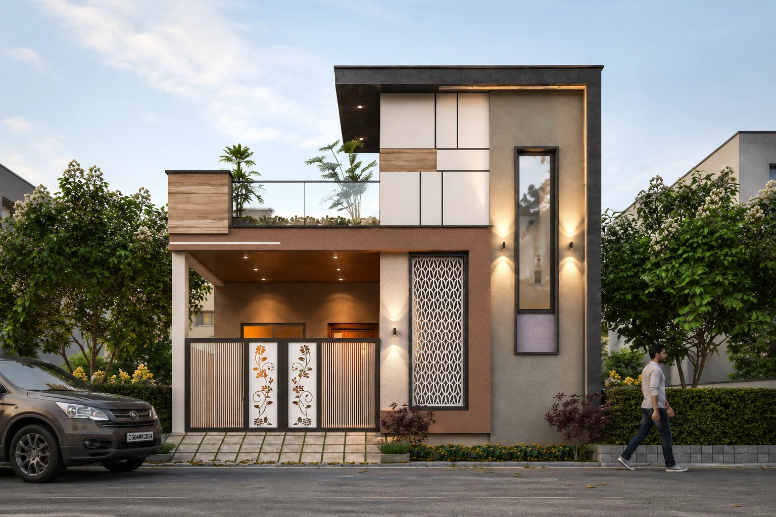 A modern single-storey house front with wooden cladding, jaali screen and warm wall lights, built