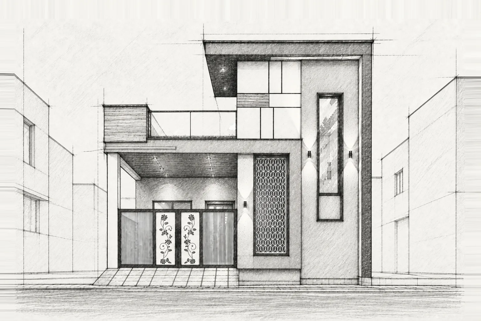 The same house front, as a pencil sketch