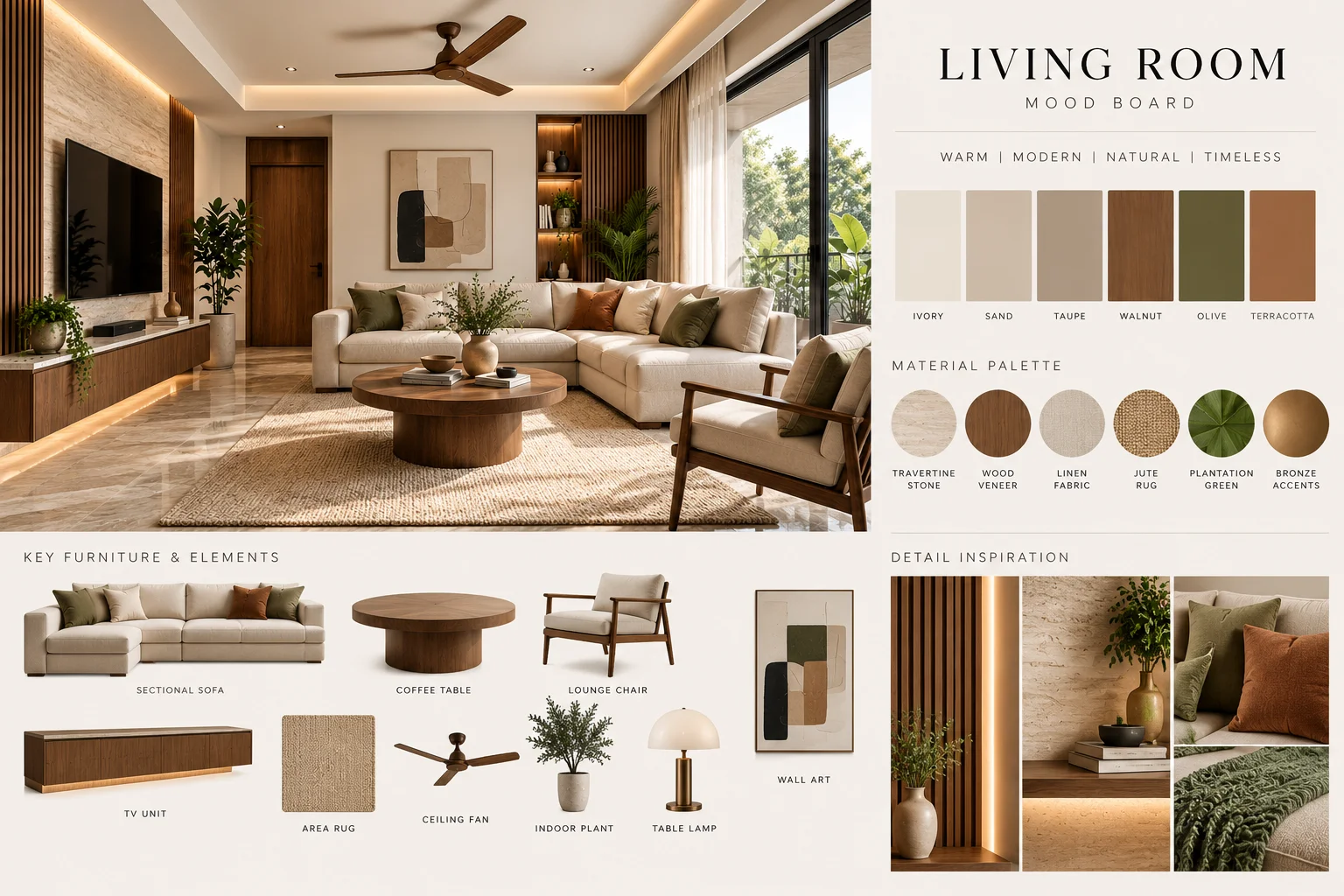 A material board of oak, marble, terrazzo and paint swatches