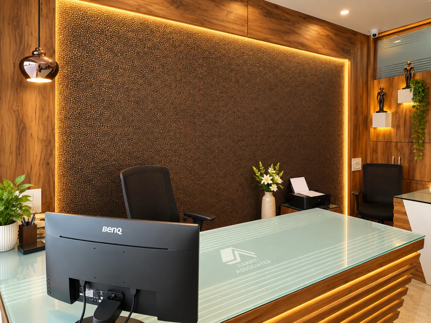 The Aakriti Associates studio with its glass-topped desk and lit feature wall