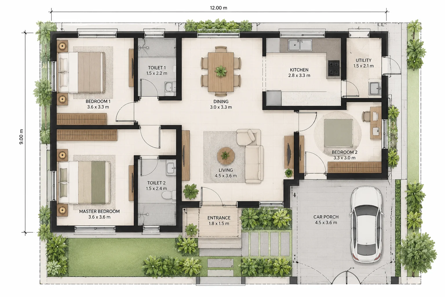 Floor plans, elevations and a section laid out beside a model of the house