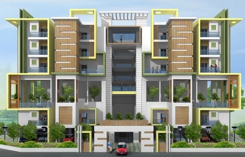 Flats at Raigarh, a multi-storey apartment block with wood-clad bays, green-framed balconies and a central glazed stair