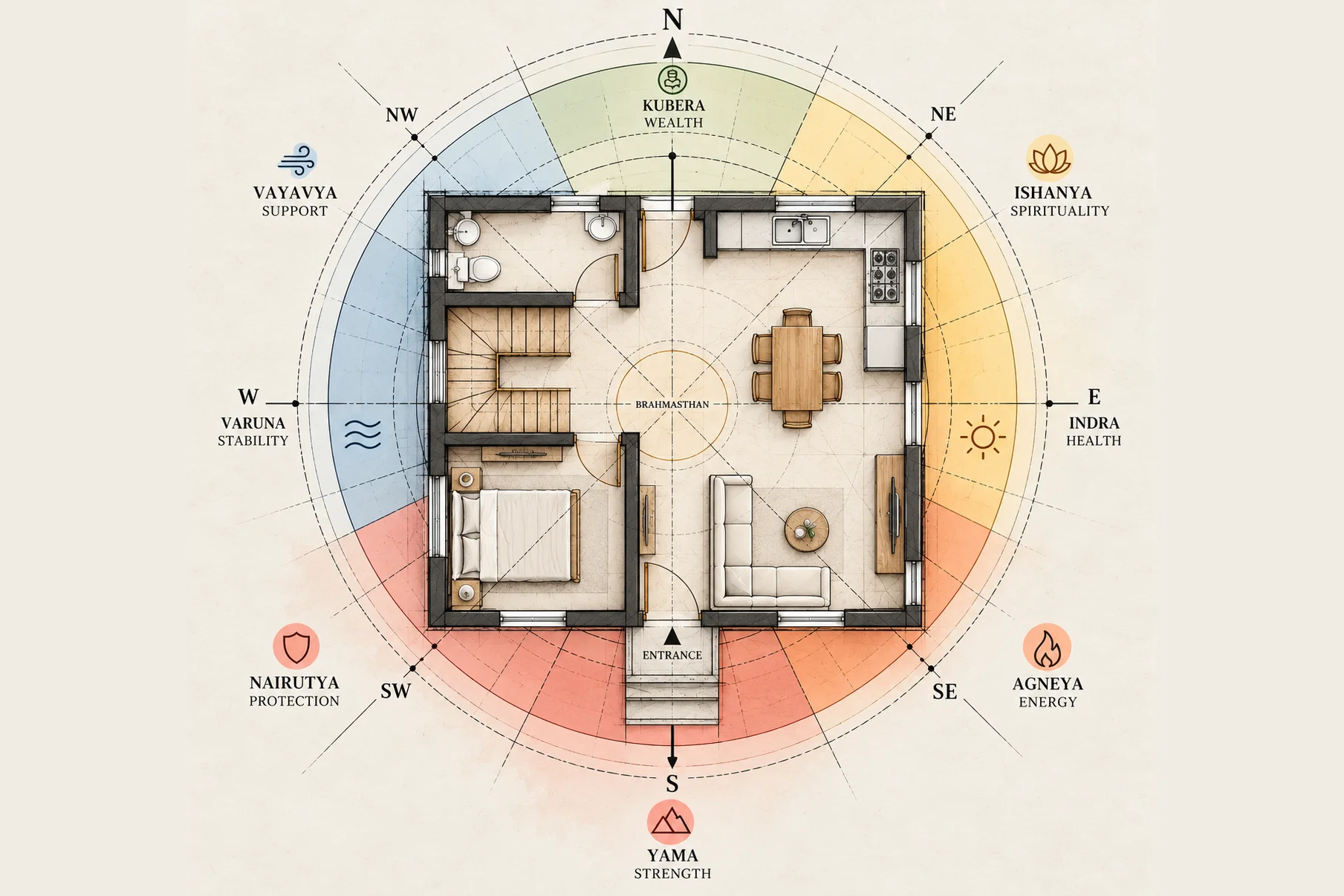 A house plan set on the Vastu mandala, with the eight directions, their deities and the Brahmasthan at the centre